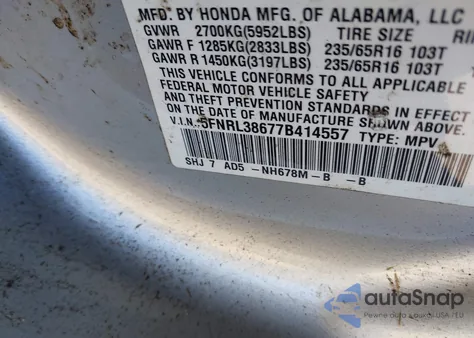 2007 Honda Odyssey Ex-L z USA, uszkodzony, nr VIN 5FNRL38677B414557